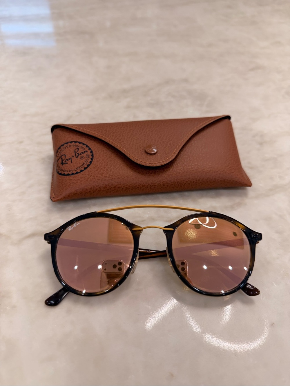 Ray-Ban Tortoiseshell Frame Sunglasses with Pink-Brown Lenses